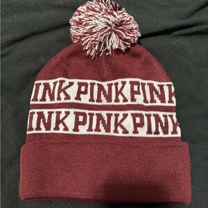PINK Victoria's Secret Pom-Pom Beanie - Maroon and White